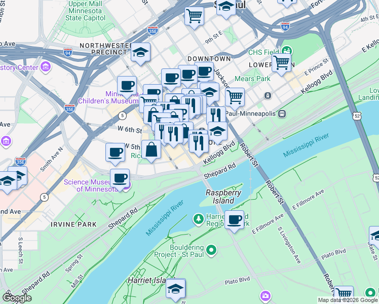map of restaurants, bars, coffee shops, grocery stores, and more near 8 4th Street East in Saint Paul