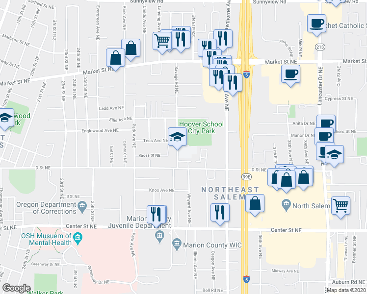 map of restaurants, bars, coffee shops, grocery stores, and more near 1104 Savage Road Northeast in Salem
