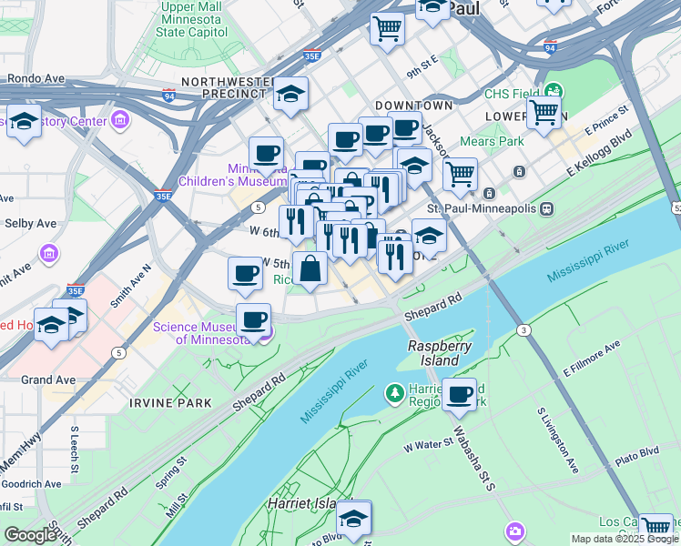 map of restaurants, bars, coffee shops, grocery stores, and more near in Saint Paul