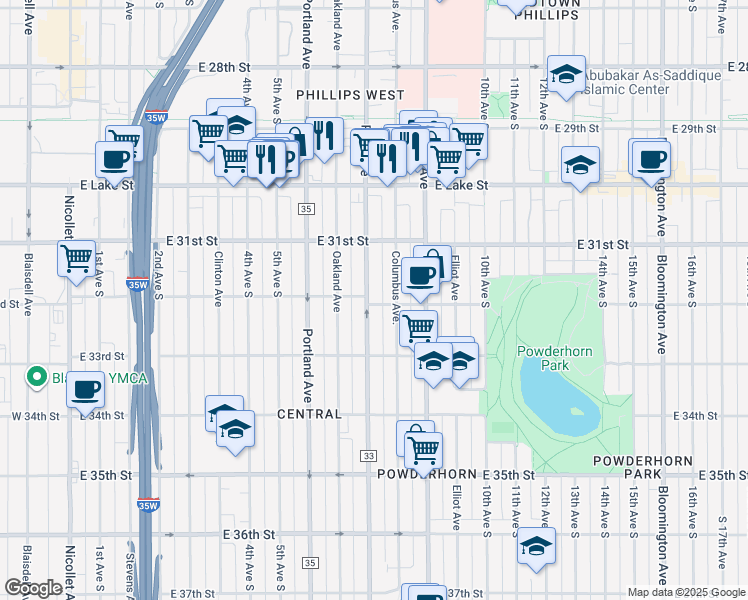 map of restaurants, bars, coffee shops, grocery stores, and more near 3212 Park Avenue in Minneapolis
