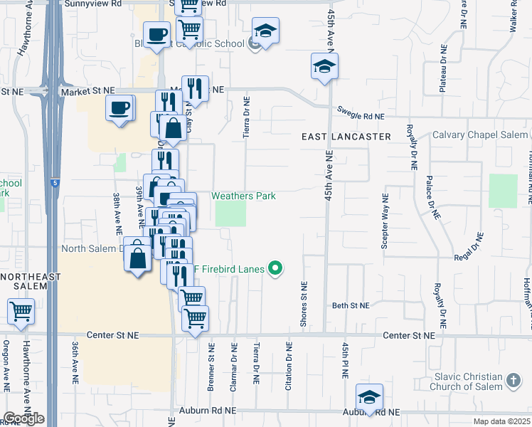 map of restaurants, bars, coffee shops, grocery stores, and more near 4254 Weathers Street Northeast in Salem