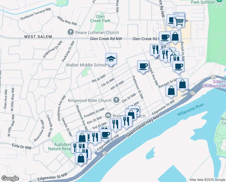 map of restaurants, bars, coffee shops, grocery stores, and more near 1161 Ruge Street Northwest in Salem