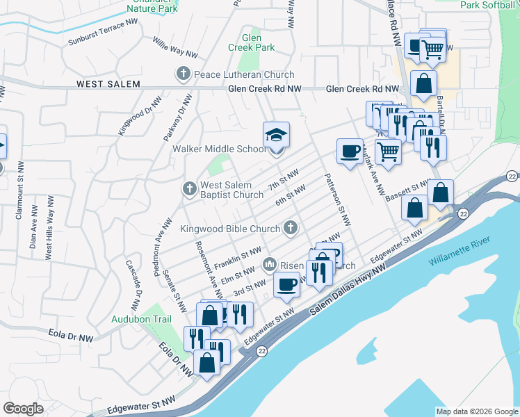map of restaurants, bars, coffee shops, grocery stores, and more near 1161 Ruge Street Northwest in Salem