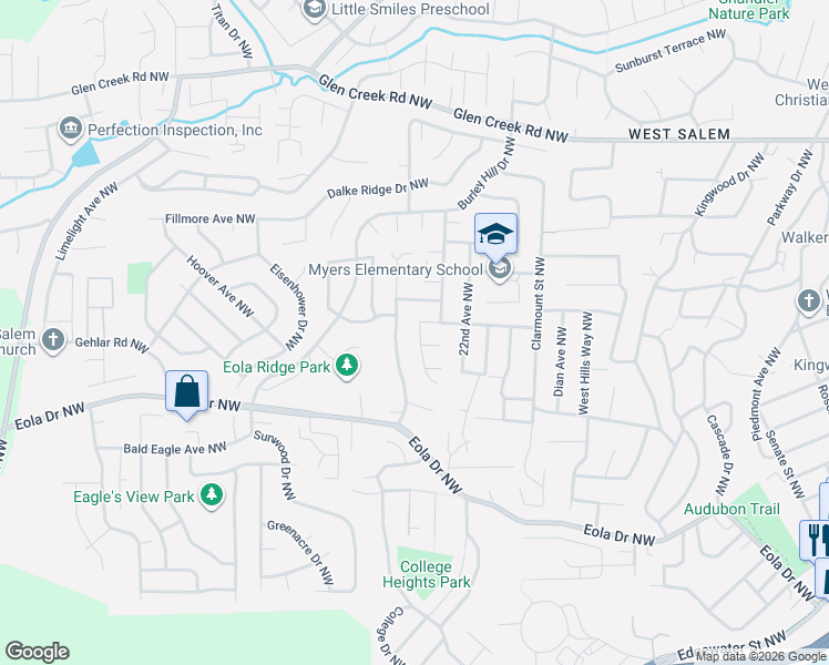 map of restaurants, bars, coffee shops, grocery stores, and more near 748 Mule Deer Street Northwest in Salem