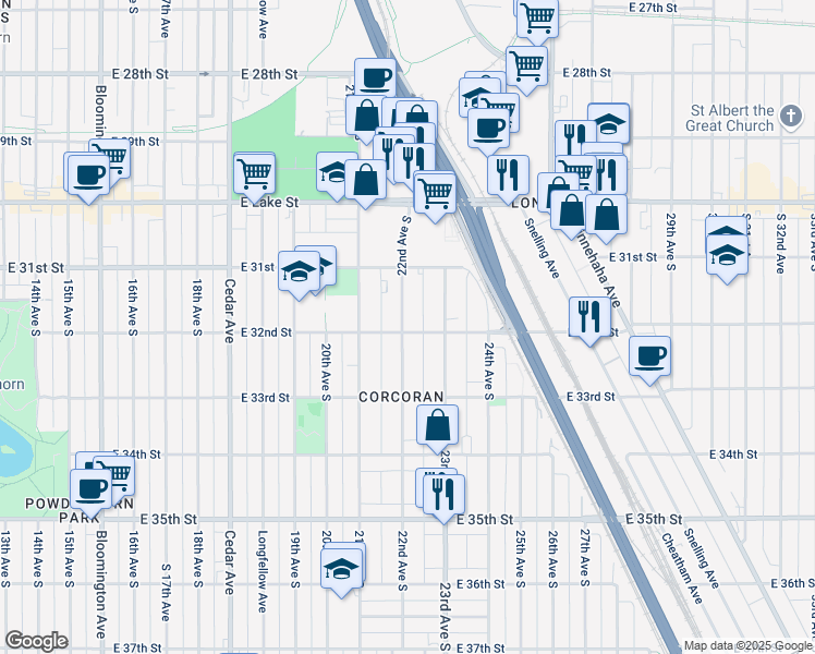 map of restaurants, bars, coffee shops, grocery stores, and more near 3201 22nd Avenue South in Minneapolis