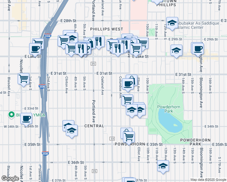 map of restaurants, bars, coffee shops, grocery stores, and more near 3212 Park Avenue in Minneapolis