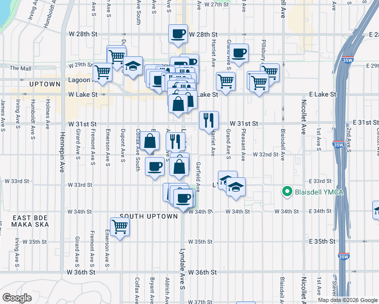 map of restaurants, bars, coffee shops, grocery stores, and more near 3203 Lyndale Avenue South in Minneapolis
