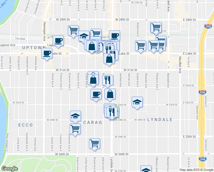 map of restaurants, bars, coffee shops, grocery stores, and more near 3200 Aldrich Avenue South in Minneapolis
