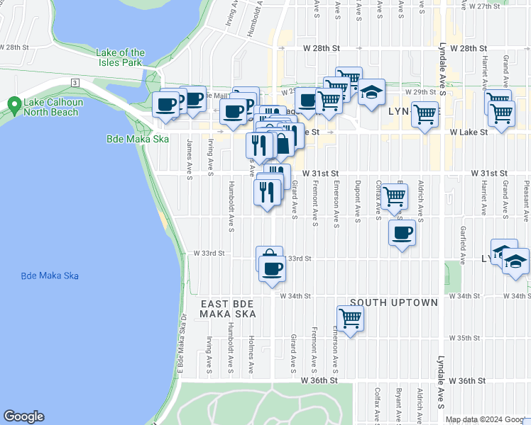 map of restaurants, bars, coffee shops, grocery stores, and more near 3208 Hennepin Avenue in Minneapolis
