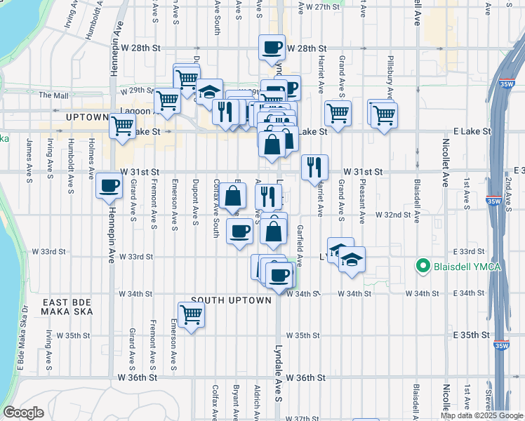 map of restaurants, bars, coffee shops, grocery stores, and more near 3200 Aldrich Avenue South in Minneapolis