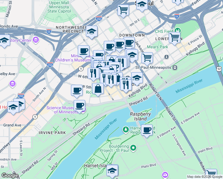 map of restaurants, bars, coffee shops, grocery stores, and more near 350 St Peter St in St Paul