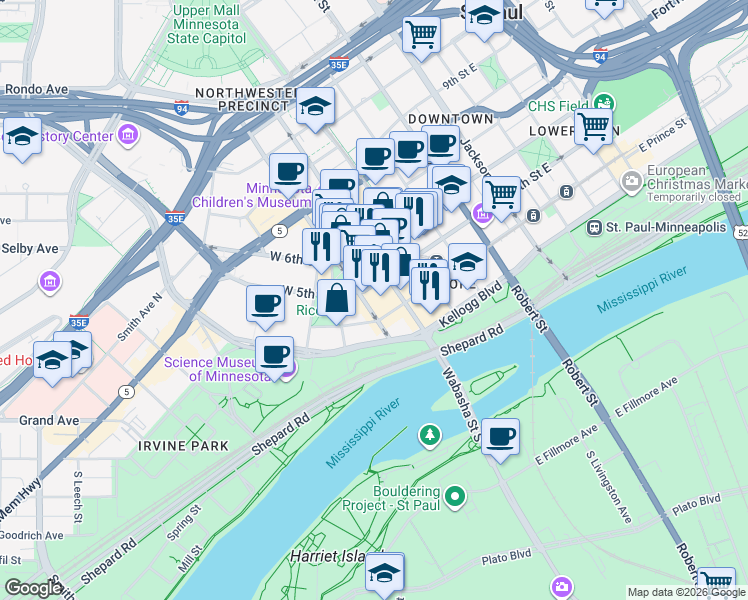 map of restaurants, bars, coffee shops, grocery stores, and more near in Saint Paul
