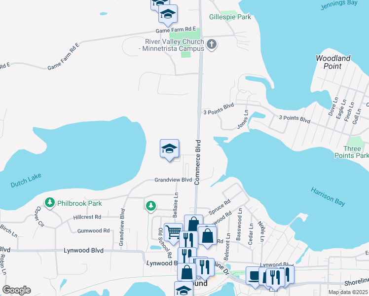 map of restaurants, bars, coffee shops, grocery stores, and more near 1861 Commerce Boulevard in Mound