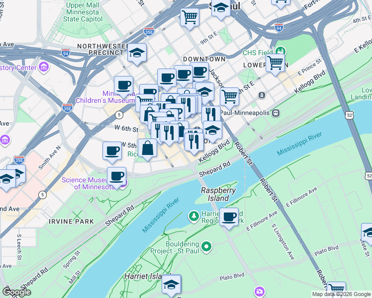 map of restaurants, bars, coffee shops, grocery stores, and more near 11 Kellogg Boulevard in Saint Paul