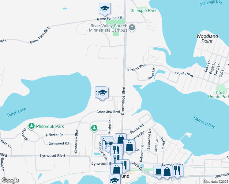 map of restaurants, bars, coffee shops, grocery stores, and more near 1861 Commerce Boulevard in Mound
