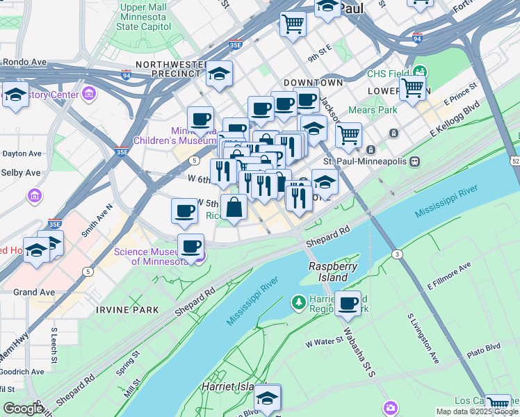 map of restaurants, bars, coffee shops, grocery stores, and more near 27 West 4th Street in Saint Paul