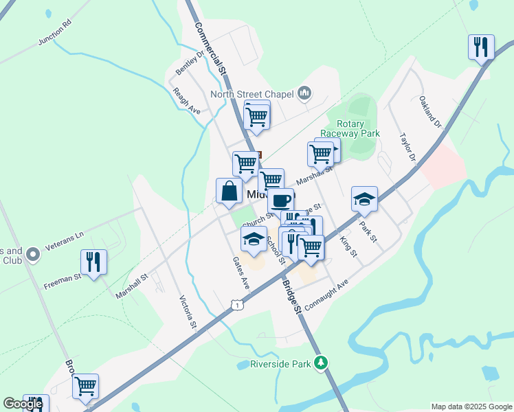 map of restaurants, bars, coffee shops, grocery stores, and more near 44 School Street in Middleton