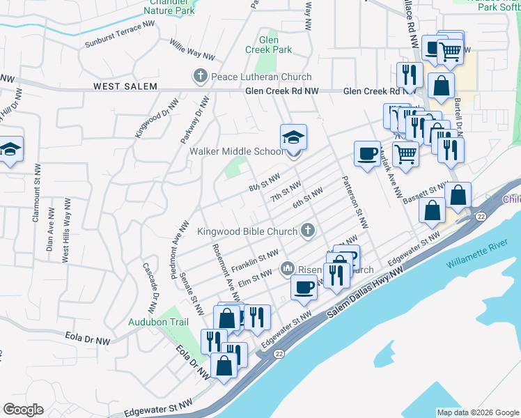 map of restaurants, bars, coffee shops, grocery stores, and more near 751 Gerth Street Northwest in Salem