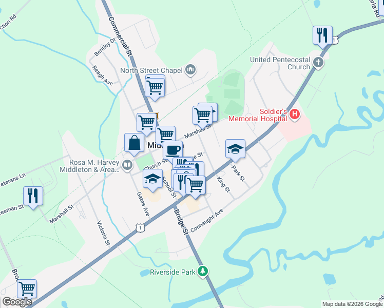 map of restaurants, bars, coffee shops, grocery stores, and more near 15 George Street in Middleton