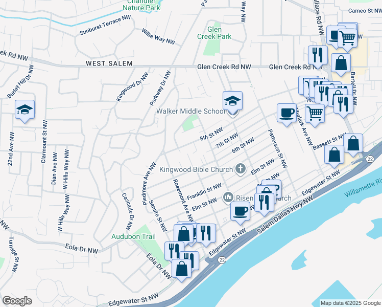 map of restaurants, bars, coffee shops, grocery stores, and more near 1317 6th Street Northwest in Salem