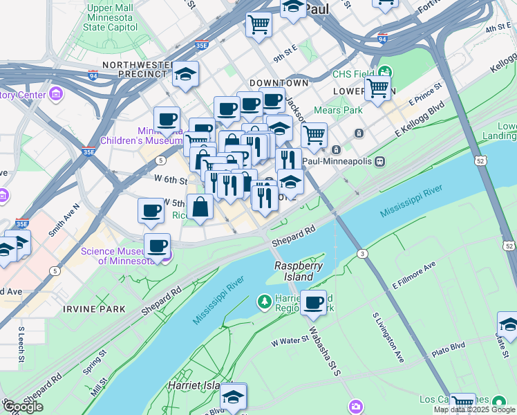 map of restaurants, bars, coffee shops, grocery stores, and more near 11 Kellogg Boulevard in Saint Paul