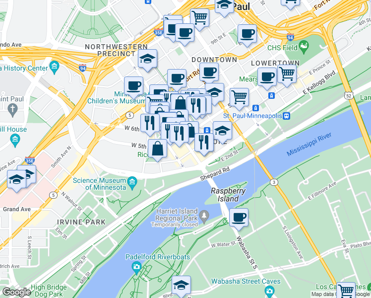 map of restaurants, bars, coffee shops, grocery stores, and more near in Saint Paul