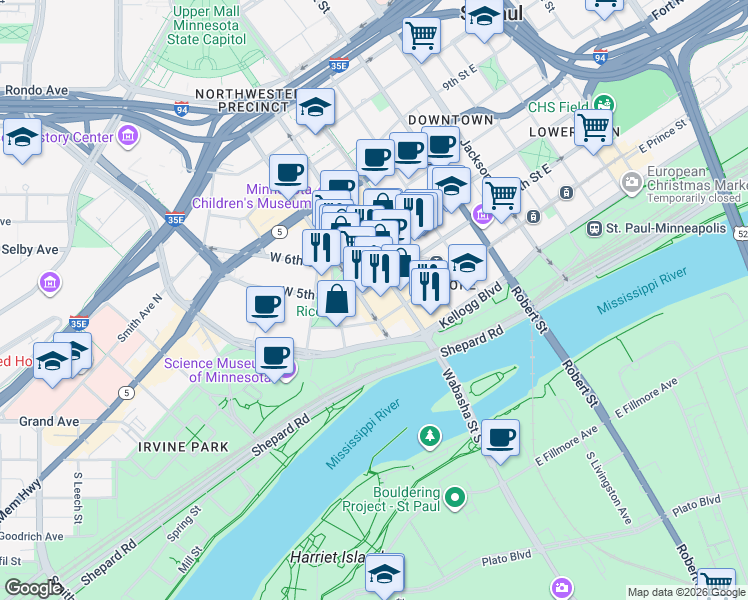 map of restaurants, bars, coffee shops, grocery stores, and more near in Saint Paul