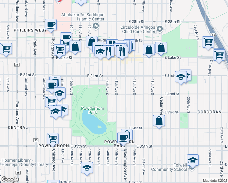 map of restaurants, bars, coffee shops, grocery stores, and more near 3201 South 15th Avenue in Minneapolis