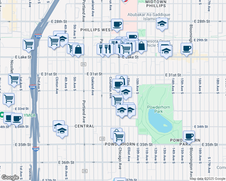 map of restaurants, bars, coffee shops, grocery stores, and more near 3200 Columbus Avenue in Minneapolis
