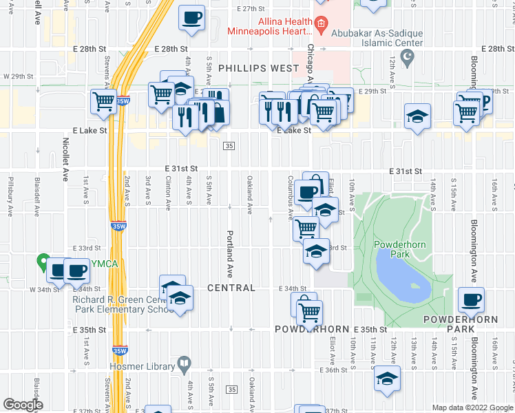 map of restaurants, bars, coffee shops, grocery stores, and more near 3212 Park Avenue in Minneapolis