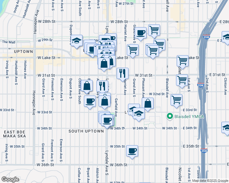 map of restaurants, bars, coffee shops, grocery stores, and more near 3205 Garfield Avenue in Minneapolis