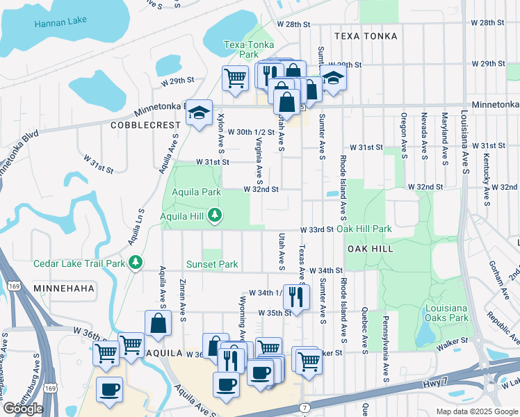 map of restaurants, bars, coffee shops, grocery stores, and more near 3200 Virginia Avenue South in Minneapolis