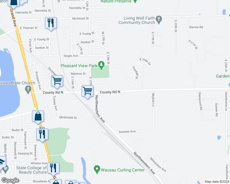 map of restaurants, bars, coffee shops, grocery stores, and more near 1321 Townline Road in Wausau