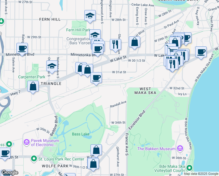 map of restaurants, bars, coffee shops, grocery stores, and more near 3200 France Avenue South in Minneapolis