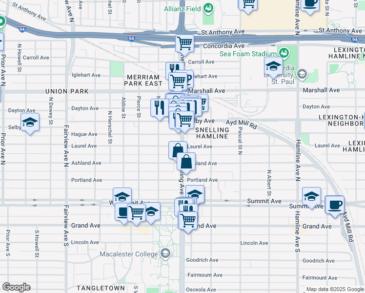 map of restaurants, bars, coffee shops, grocery stores, and more near N Snelling Ave & Laurel Ave in St Paul