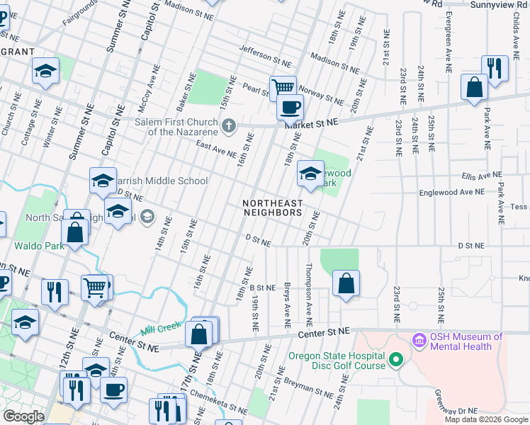 map of restaurants, bars, coffee shops, grocery stores, and more near 1015 18th Street Northeast in Salem