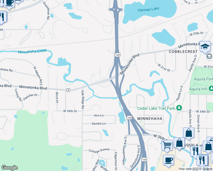 map of restaurants, bars, coffee shops, grocery stores, and more near 9731 Minnetonka Boulevard in Minnetonka