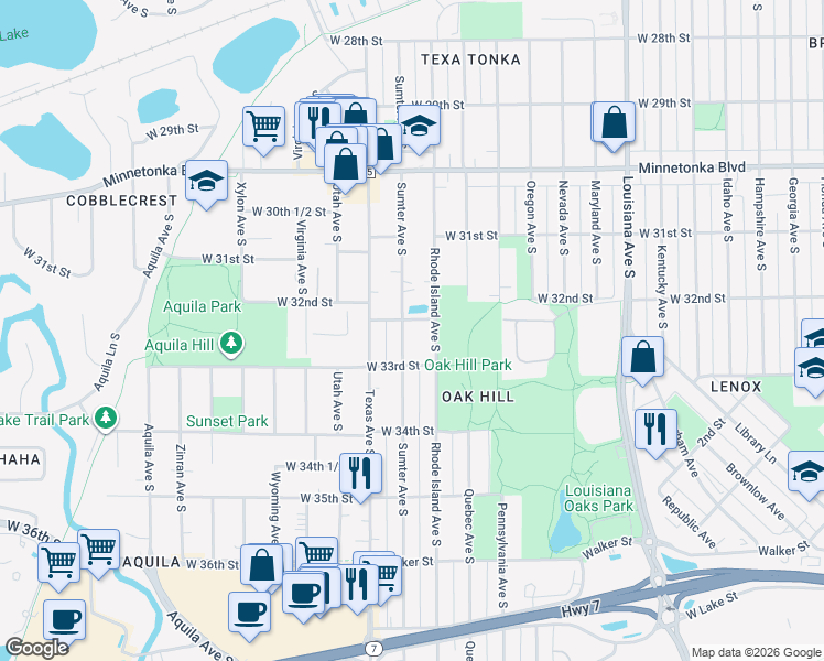 map of restaurants, bars, coffee shops, grocery stores, and more near 3237 Sumter Avenue South in Minneapolis