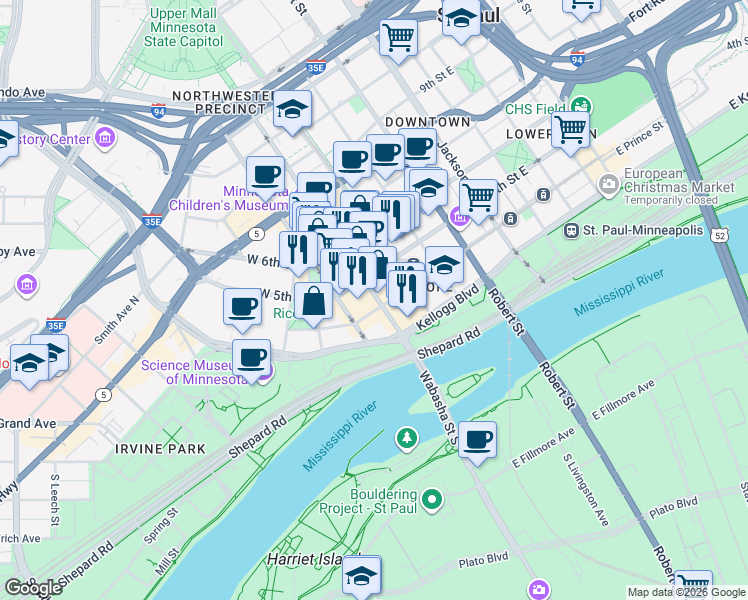 map of restaurants, bars, coffee shops, grocery stores, and more near 345 Wabasha Street North in Saint Paul