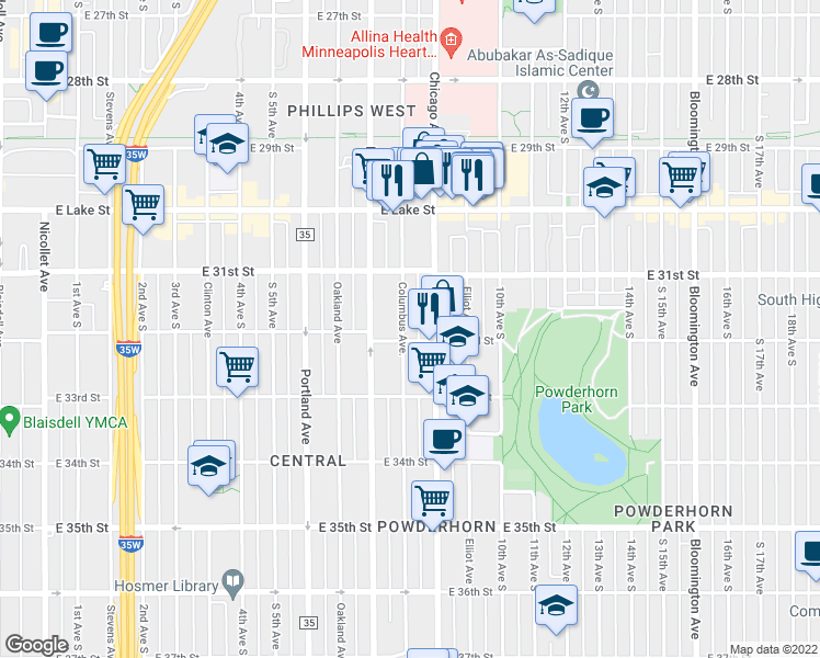 map of restaurants, bars, coffee shops, grocery stores, and more near 3153 Columbus Avenue South in Minneapolis