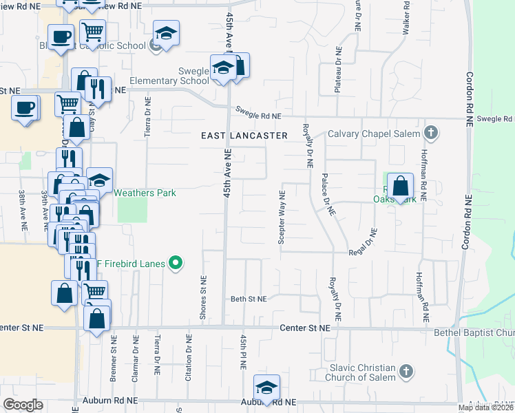 map of restaurants, bars, coffee shops, grocery stores, and more near 4580 Swallow Court Northeast in Salem