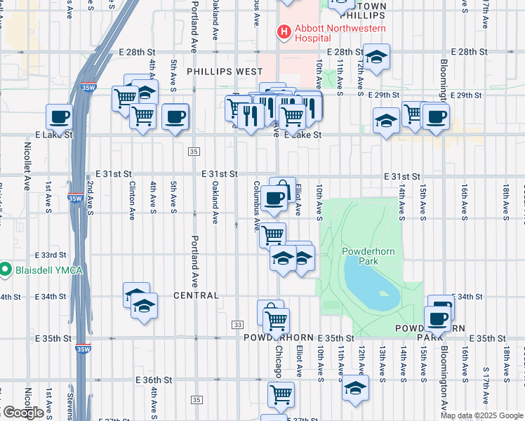 map of restaurants, bars, coffee shops, grocery stores, and more near 3153 Columbus Avenue in Minneapolis