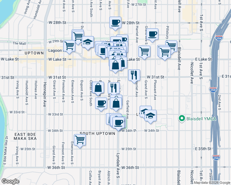 map of restaurants, bars, coffee shops, grocery stores, and more near 3142 Lyndale Avenue South in Minneapolis