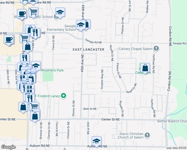 map of restaurants, bars, coffee shops, grocery stores, and more near 4580 Swallow Court Northeast in Salem