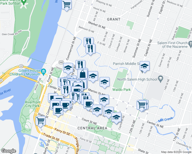 map of restaurants, bars, coffee shops, grocery stores, and more near 605 Cottage Street Northeast in Salem