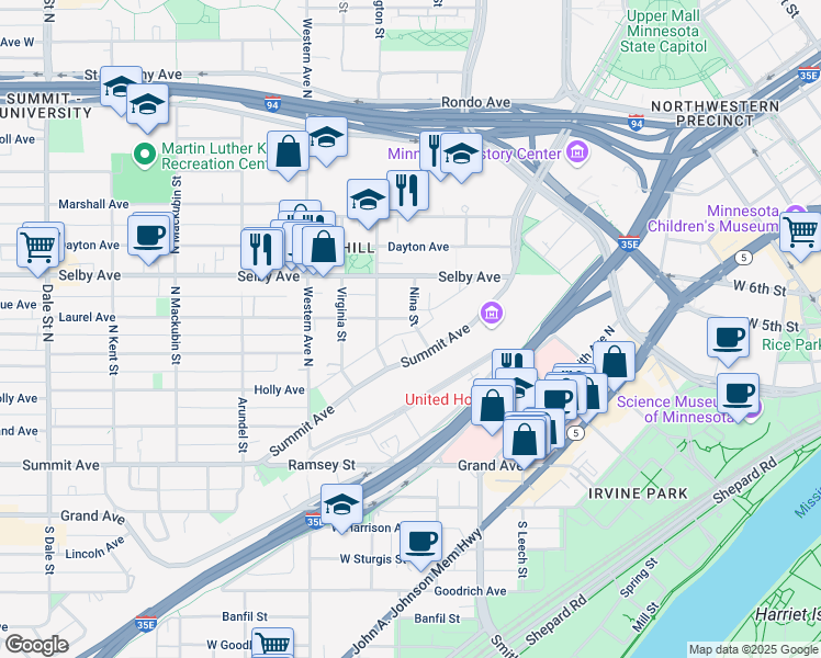 map of restaurants, bars, coffee shops, grocery stores, and more near 301 Summit Avenue in Saint Paul