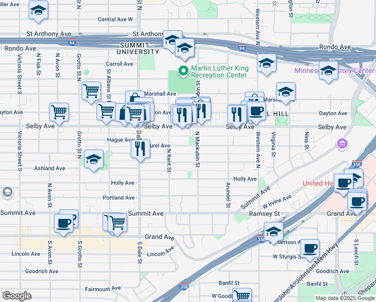map of restaurants, bars, coffee shops, grocery stores, and more near 501 Ashland Avenue in Saint Paul