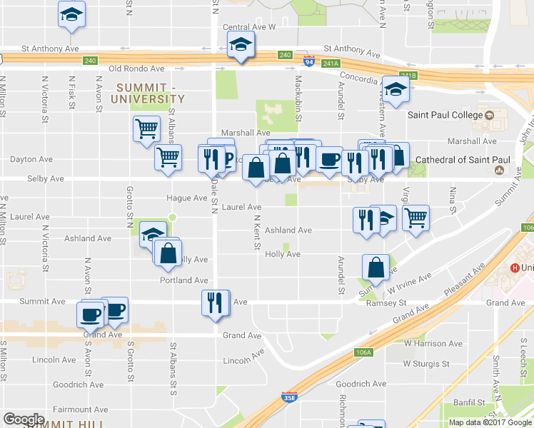 map of restaurants, bars, coffee shops, grocery stores, and more near 525-559 Ashland Avenue in Saint Paul
