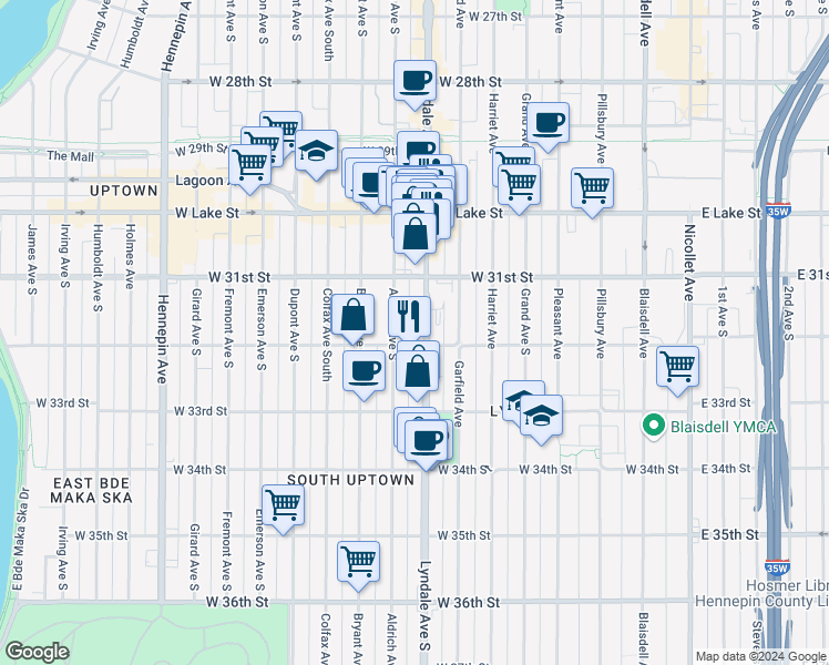 map of restaurants, bars, coffee shops, grocery stores, and more near 3203 Lyndale Avenue South in Minneapolis