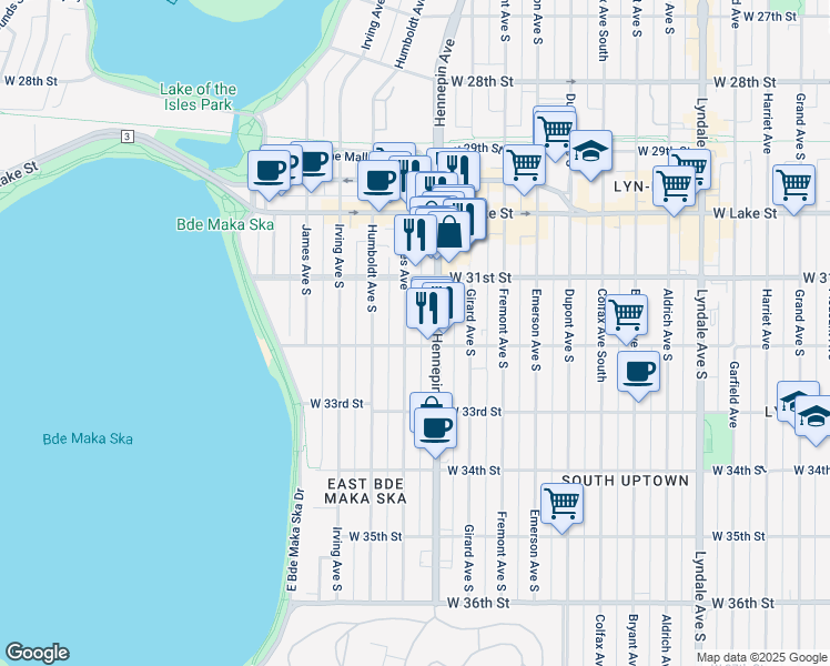 map of restaurants, bars, coffee shops, grocery stores, and more near 3208 Hennepin Avenue in Minneapolis